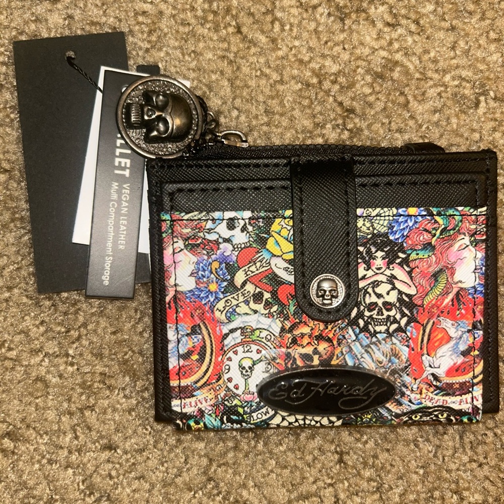 Ed Hardy Black Card Holder with Pink Logo